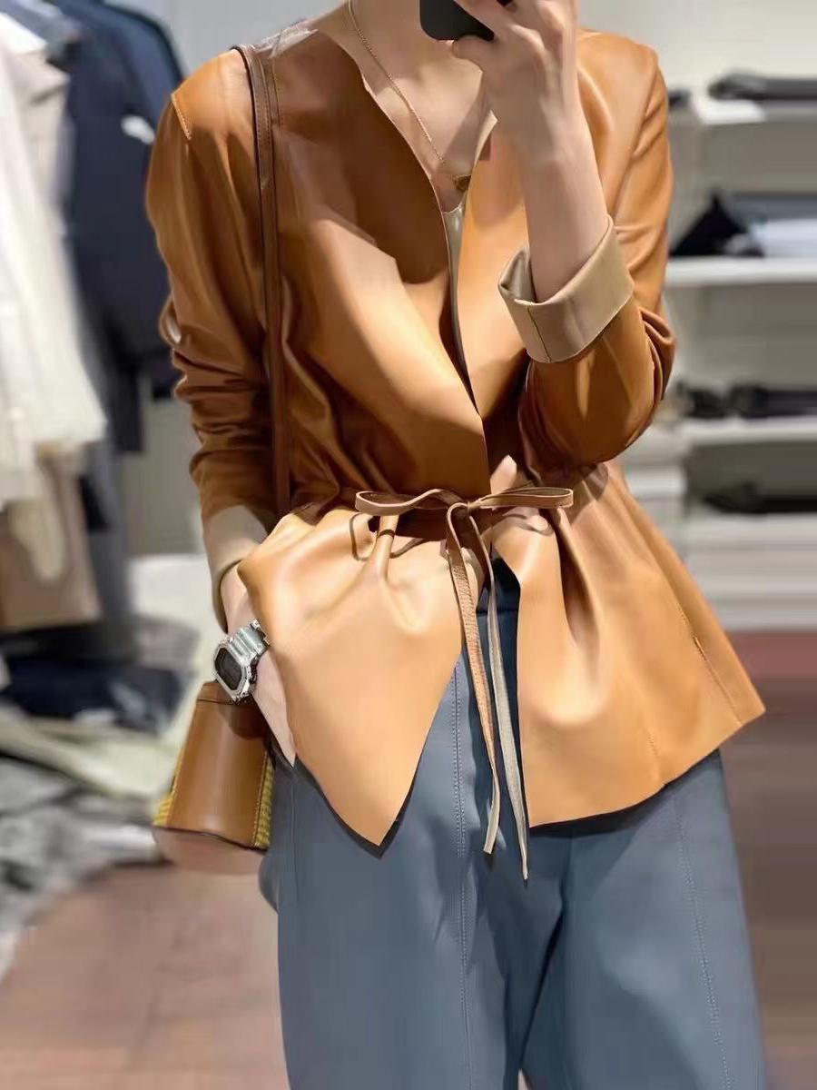 Roupas femininas europeu elegante feminino casaco de couro genuíno mujer desenhar volta em torno do pescoço plissado cinto caramelo jaquetas streetwear