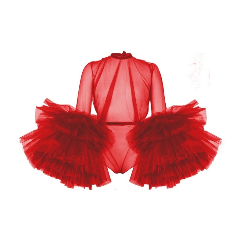 Sexy See Thru Red Women kombinezon 2020 z bufiastymi pełnymi rękawami Ruffles warstwowe tiulowe pajacyki damskie