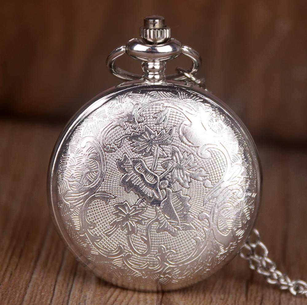 Relógio de bolso vintage de quartzo prateado, pássaro vívido na árvore com padrões de flores requintadas, colar com pingente, relógios de bolso