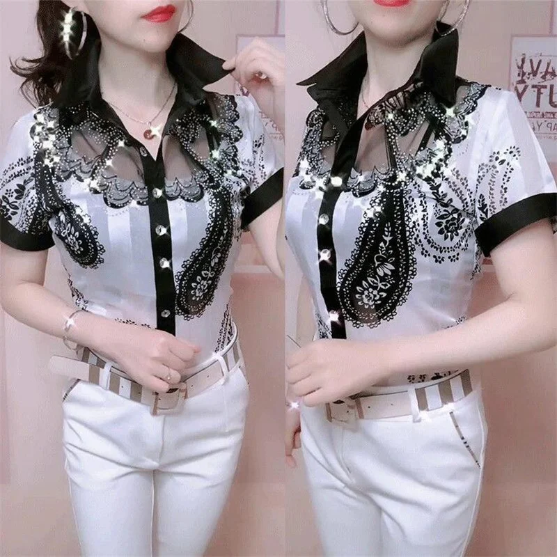 Đồng Hồ Nữ Áo Mùa Hè Ren Áo Sơ Mi Voan Lưng Khâu In Có Nút Blusas Offce Nữ Áo Sơ Mi Chemises Fleurs