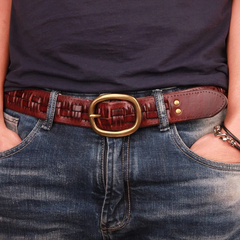 Cinturón Vintage de lujo hecho a mano con hebilla de cobre para hombre, cinturón suave de cuero de vaca Retro que combina con todo, informal