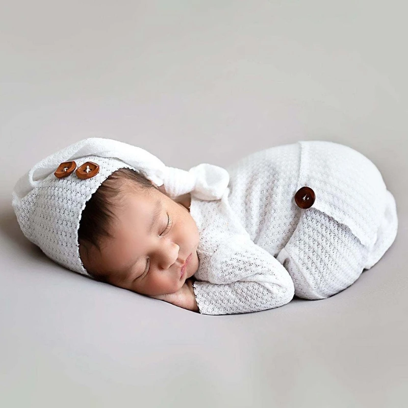 2 Chiếc Nón Cho Bé Bộ Bodysuit Sơ Sinh Đạo Cụ Chụp Ảnh Dệt Kim Đuôi Dài Nắp Liền Quần Bộ Trẻ Sơ Sinh Hình Ảnh Chụp
