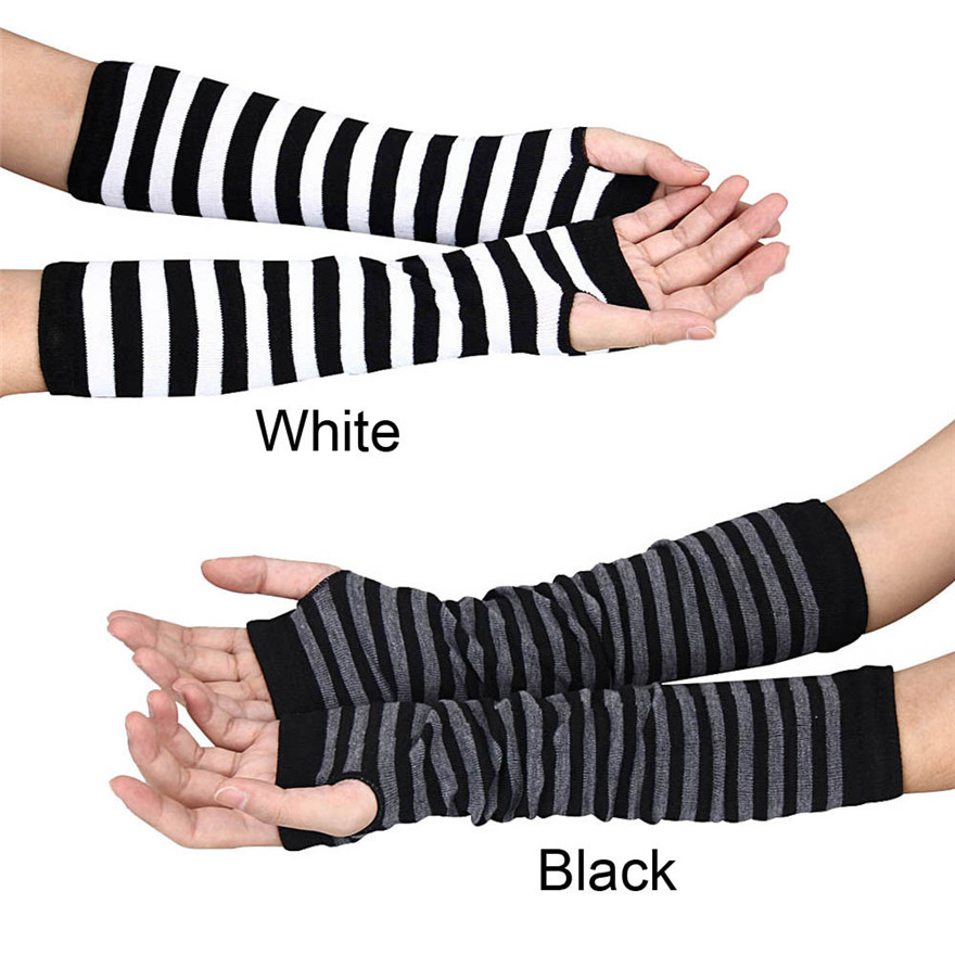Frauen Langarm Gothic Gestreiften Fingerlose Arm Wärmer Gestrickte frauen Casual Einfarbig Mode Handschuhe Punk Arm Zubehör