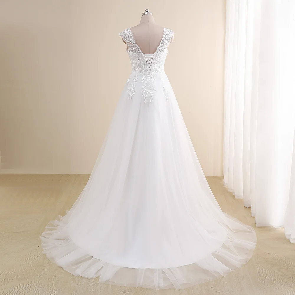 Incredibile abito da sposa taglie forti personalizzato scollo a V maniche ad aletta abiti a linea tulle applique in pizzo abito da sposa Robe De Mariee