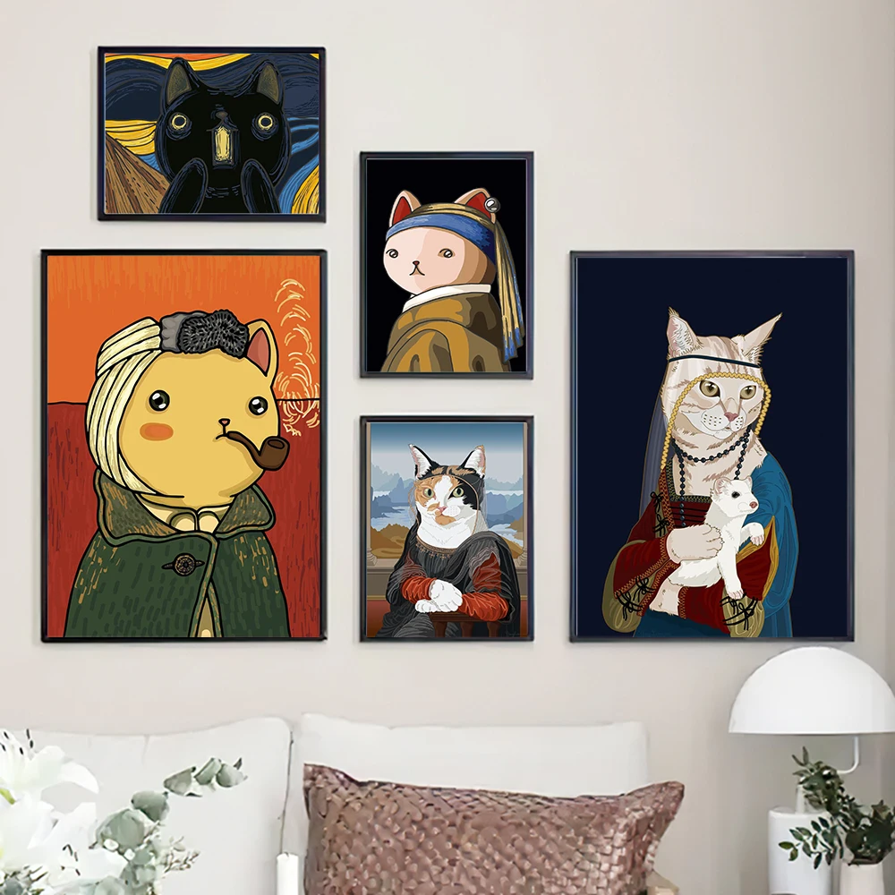 Poster Kanvas Wanita Kucing Kartun Monalisa Lukisan Cetak Abstrak Lucu Anting-Anting Kucing Di Mutiara Gambar Seni Dinding Dekorasi Ruangan Retro