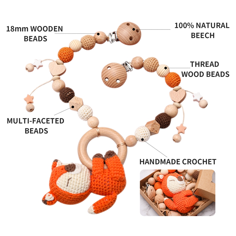 Cadena de madera para cochecito de bebé, cadena de Clip para chupete, pulsera de dentición de animales de ganchillo, juguetes para cochecito móvil