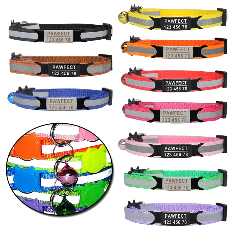 Collar reflectante con hebilla de seguridad para gatos, ajustable, personalizado, sin identificación, grabado, Collar de nailon para cachorros y gatitos