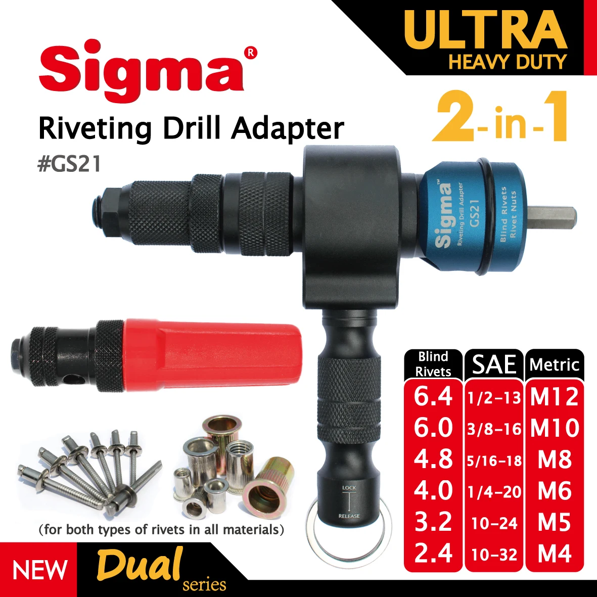 Ống Kính Sigma # GS21 Cực Nặng 2 Trong 1 Tán Đinh Đầu Khoan Không Dây Hoặc Điện Lực, Bộ Chuyển Đổi thay Thế Không Đinh Tán Công Cụ