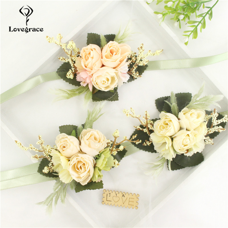 แต่งงาน Boutonniere ผ้าไหมกุหลาบ Corsage ข้อมือสร้อยข้อมือ Bridesmaid ดอกไม้เจ้าบ่าว Buttonhole ชุด Broche Mariage
