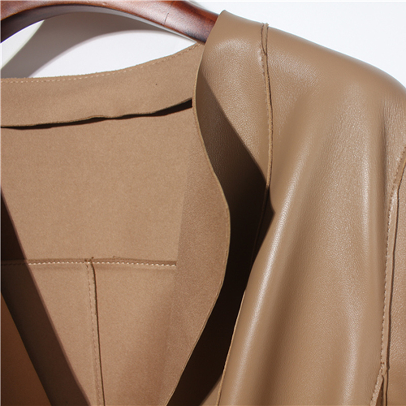 Roupas femininas europeu elegante feminino casaco de couro genuíno mujer desenhar volta em torno do pescoço plissado cinto caramelo jaquetas streetwear