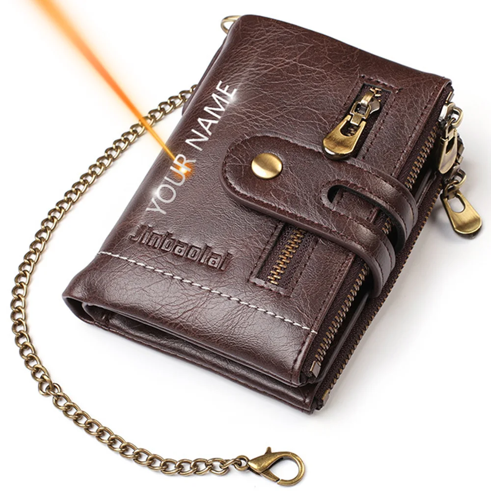 Carteras para hombre con nombre personalizado, tarjetero corto de cuero PU con cadena, cartera masculina de marca de alta calidad, novedad de 2021