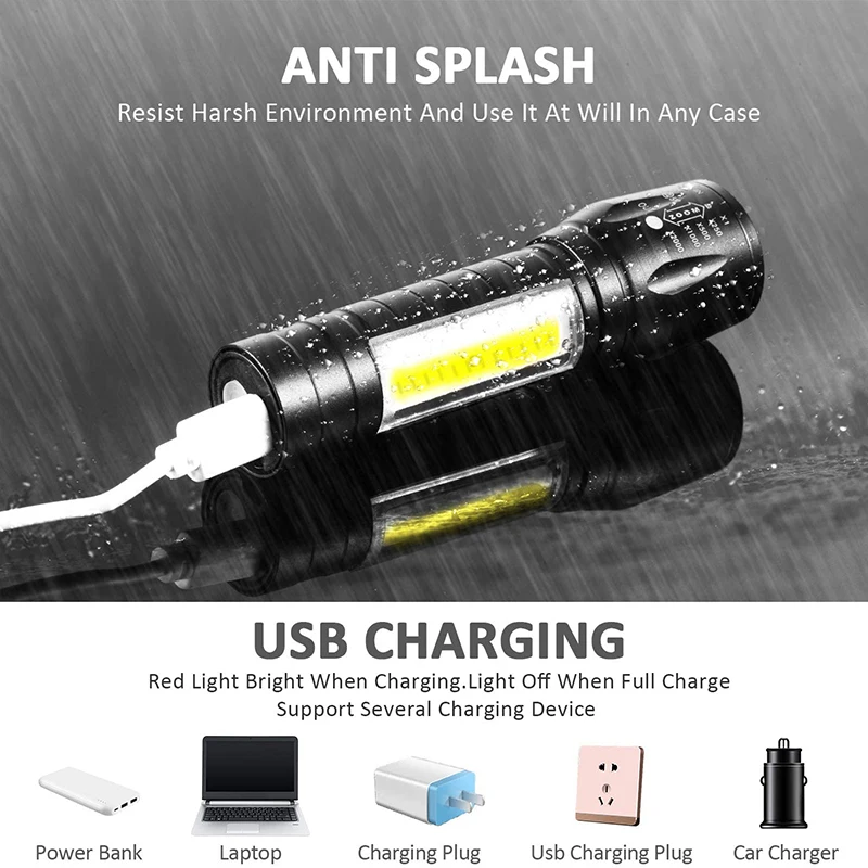 Mini linterna LED recargable por USB, lámpara para acampar al aire libre, antorcha con zoom, luces de trabajo, tres modos