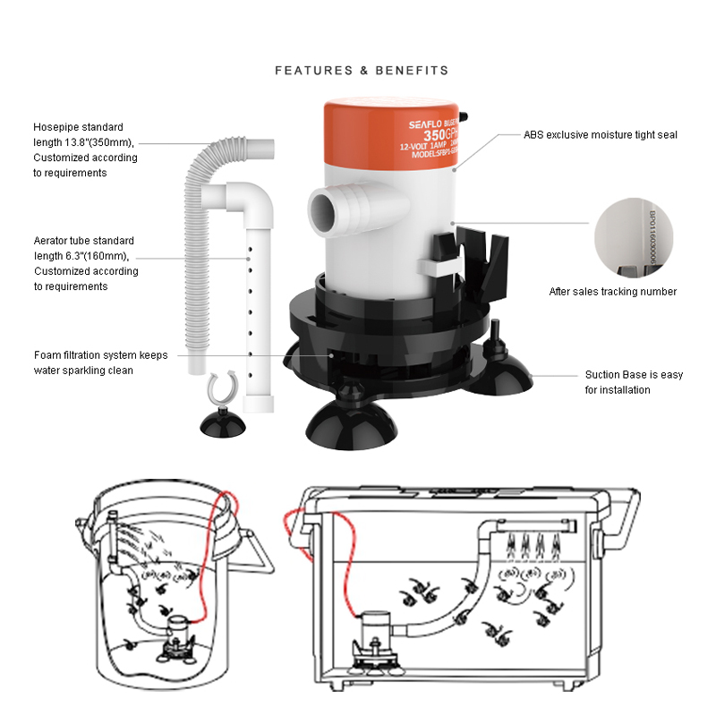 HANLlo12vエアレーションポンプライブ魚水族館ウォーターポンプマリンポンプロードボートウォーターポンプ万年筆吸引cu付き