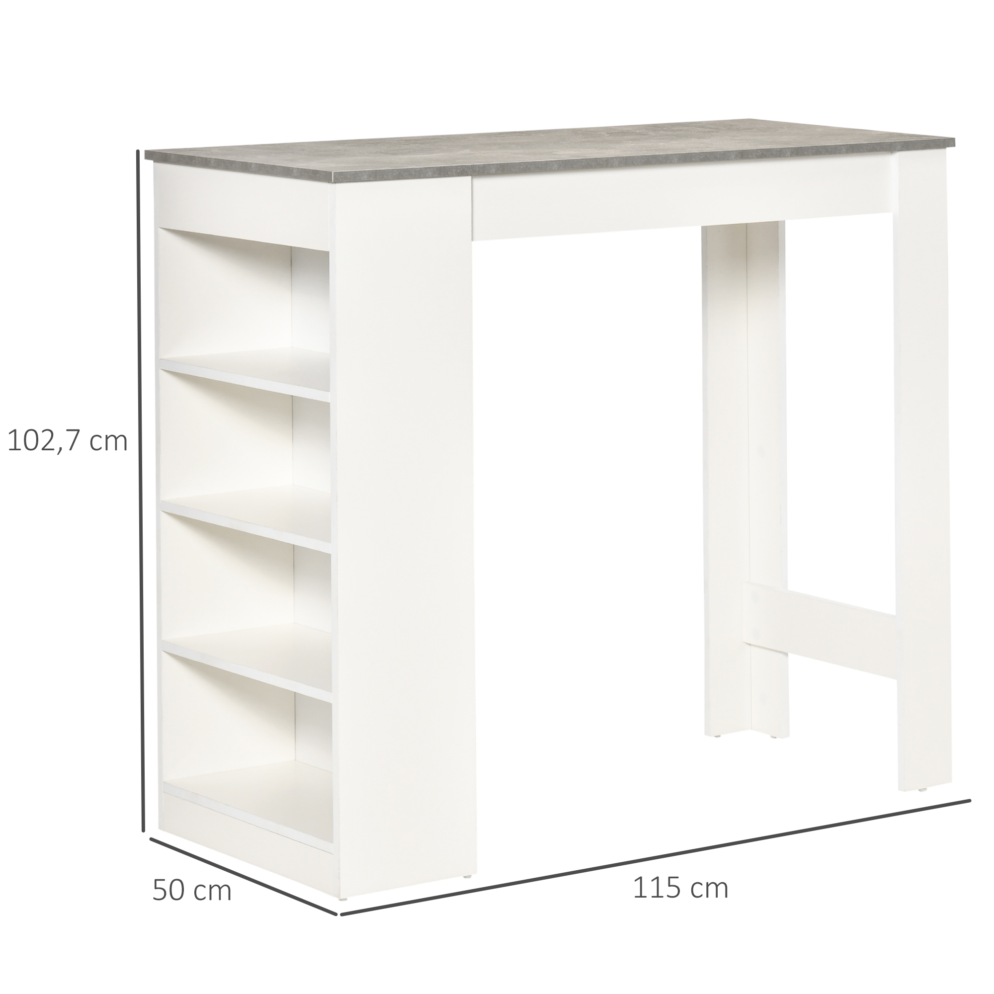 HOMCOM Mesa de Bar Mesa Alta Tipo Bistró de Cocina con Estantería de 4 Niveles Estilo Moderno de Melamina para Comedor Salón 115x50x102,7 cm Blanco y Gris