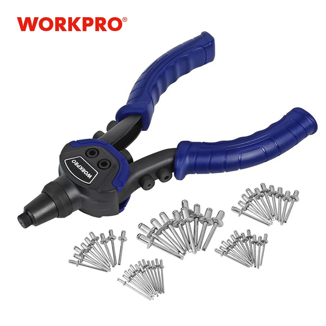WORKPRO-pistola remachadora de mano de alta resistencia, 10 "/254mm, con 5 boquillas reemplazables, remaches de 100 piezas incluidos