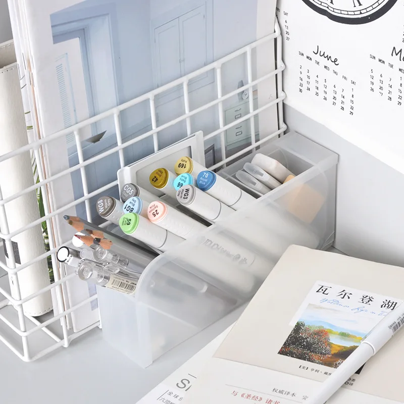 Creative Multifunctional 4 Grid Desktop Organizer ผู้ถือปากกาแต่งหน้ากล่องโรงเรียนอุปกรณ์สํานักงานเครื่องเขียน