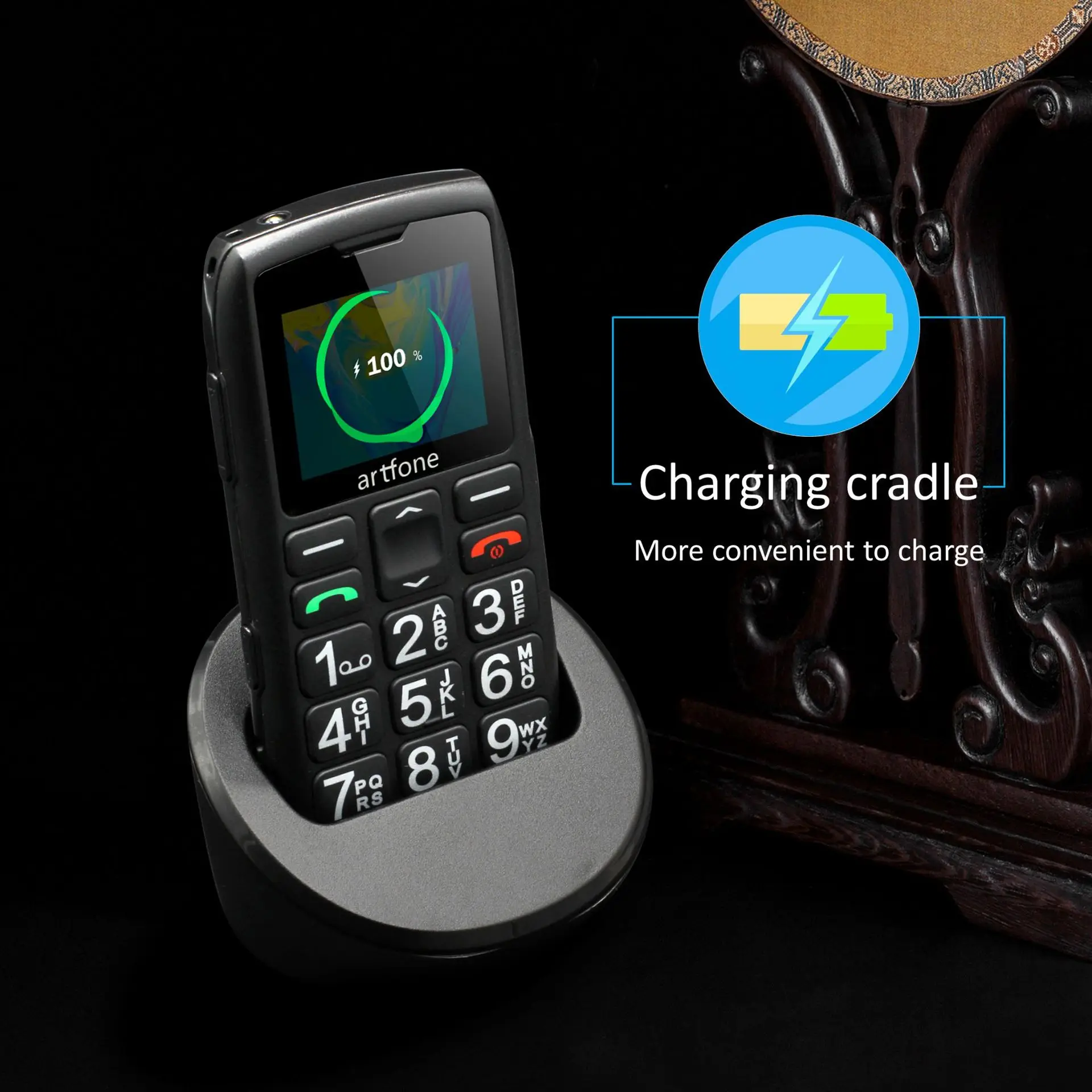 Artfone C1 +-teléfono móvil con base de carga gratuita para personas mayores, smartphone con teclado grande de goma, Sim Dual, una tecla, SOS, FM, 1400mAh