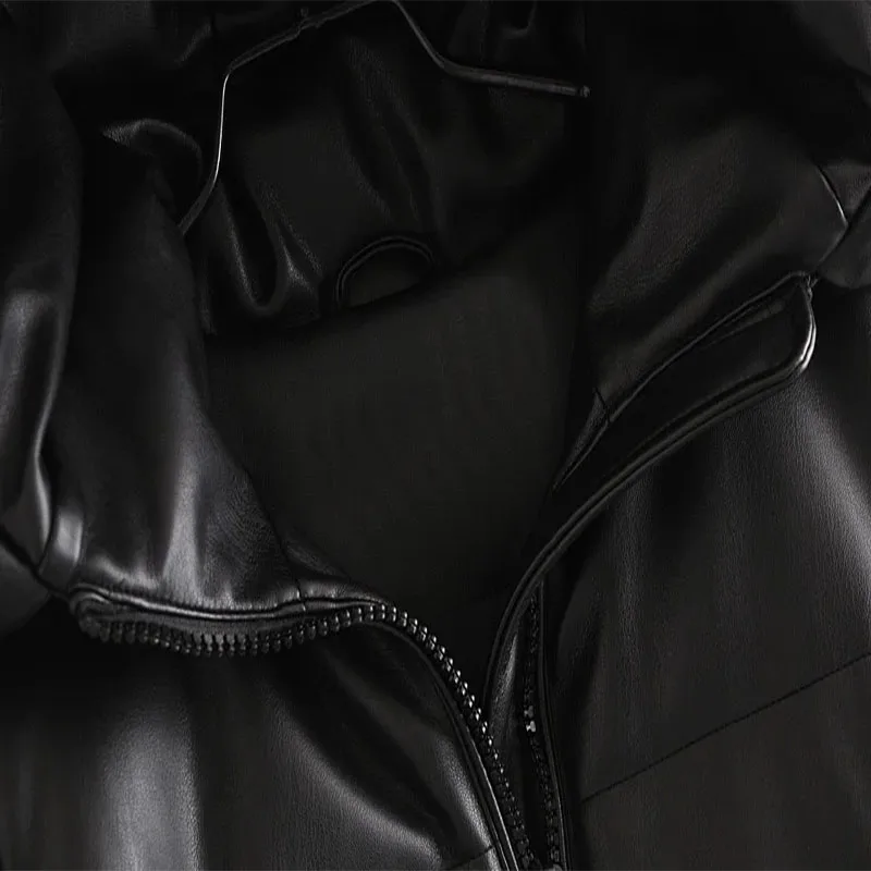 Chaqueta de algodón con capucha de imitación de cuero para mujer, abrigo holgado con cremallera, abrigo informal cálido de longitud media