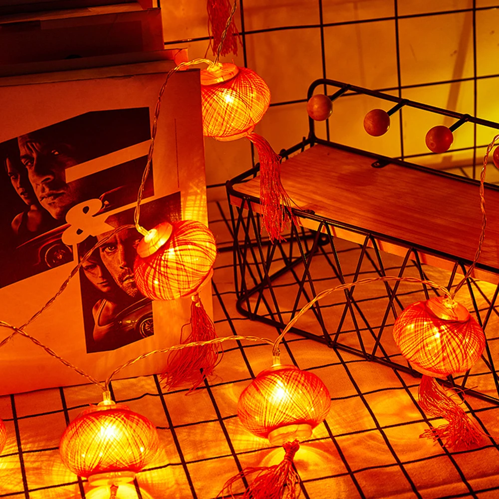 Linterna Roja tradicional china de 3V para Festival de Primavera, cadena de luz/caja de batería, decoraciones navideñas de Año Nuevo