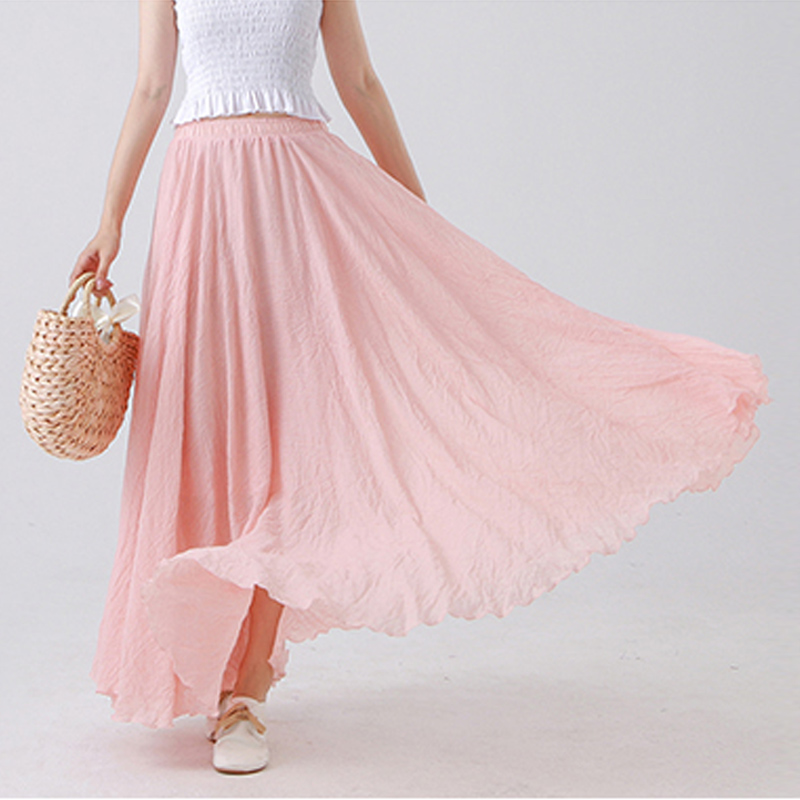 Hoge kwaliteit katoen linnen maxi rok dames casual elastische hoge taille geplooide a-lijn strandrokken boho saia feminina faldas jupe