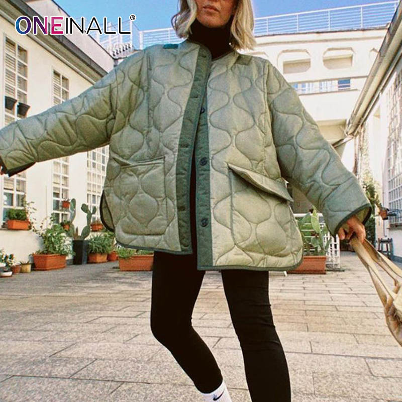 ONEINALL Mantel Longgar Kasual Hijau untuk Wanita Kerah V Lengan Panjang Saku Lipat Mantel Musim Dingin Minimalis Solid Gaya Baru 2021 Wanita
