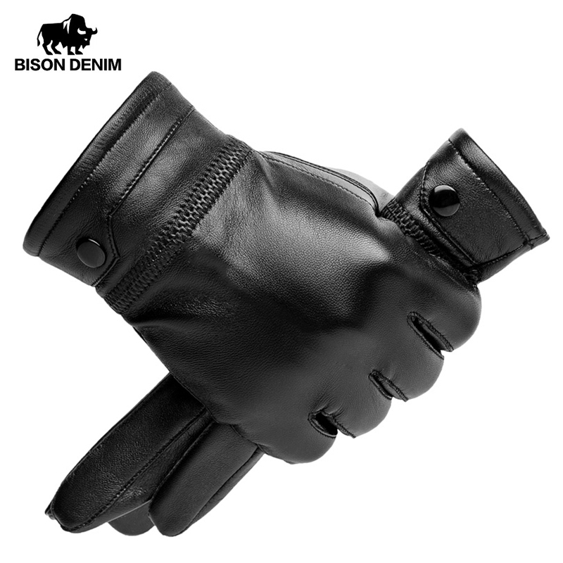 BISON DENIM guantes de piel de oveja para hombre, manoplas térmicas cálidas de piel auténtica con pantalla táctil, guantes ultraligeros a prueba de viento para conducir para invierno