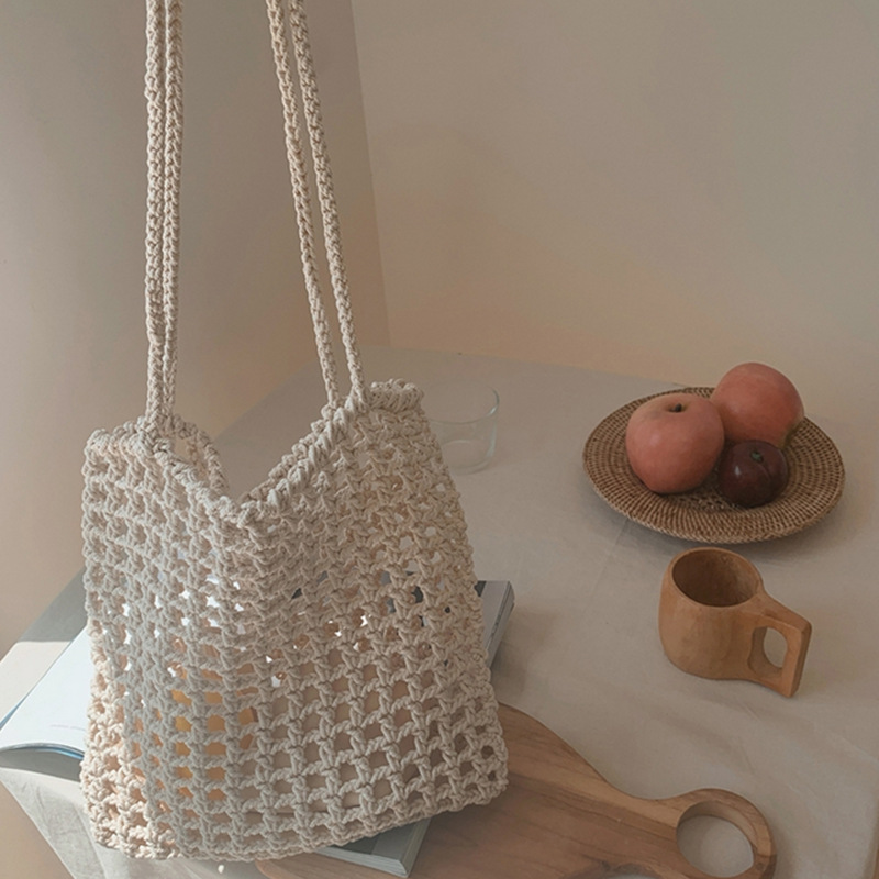 Casual grande capacidade tote corda tecido sacos de ombro oco para fora fishnet saco boêmio verão praia grandes bolsas femininas 2021