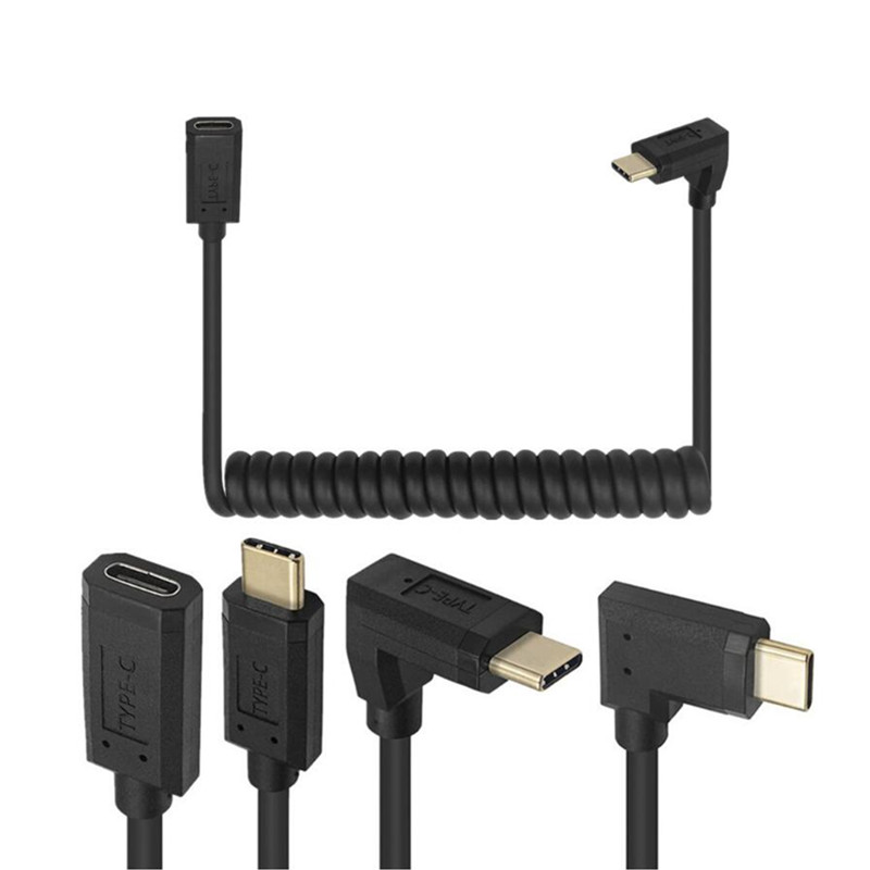 Kabel regang USB tipe-c pria ke wanita, USB C ekstensi pria ke Wanita sudut kanan 90 derajat 10Gbps 4K 60Hz pengisian daya Cepat 60W dengan Audio Video