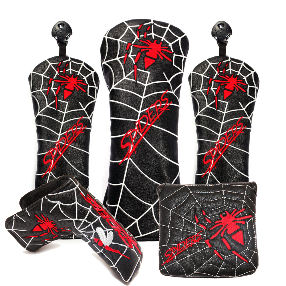 Black PU Leather Spider Embroidery Golf Club Head Covers for Titleist Driver Fairway Woods Hybird Blade Large Mallet Putter