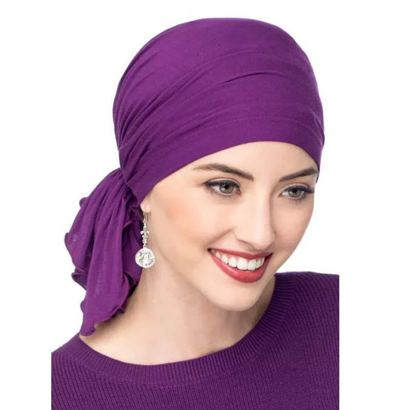Elastyczne damskie modalne bawełniane turbanowe czapki z falbanką muzułmańska chusta na głowę Bonnet wstępnie wiązany hidżab Headwrap Cap miękka dama wypadanie włosów czapka po chemioterapii