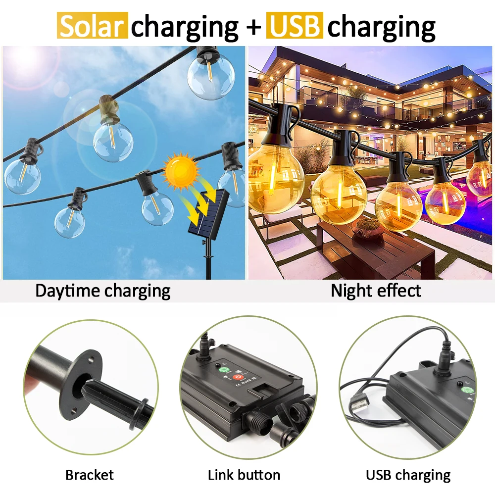 Mexllex 15,5 M G40 luces de cadena solares al aire libre, 8 modos de luz, globo Patio bombillas de plástico impermeables para balcón guirnalda boda