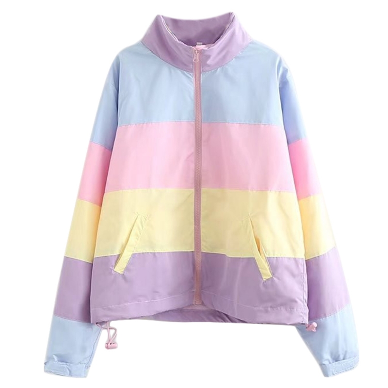Frauen Winter Padded Puffer Jacke Regenbogen Streifen Mit Kapuze Kordelzug Zipper Mantel