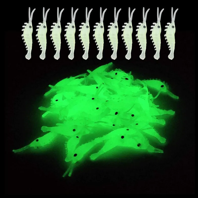 50 Uds. Cebo luminoso para pesca de camarones, señuelo suave, gusanos, camarones brillantes, Señuelos de pesca para lubina, tipo tipo de pez, 3,5 cm