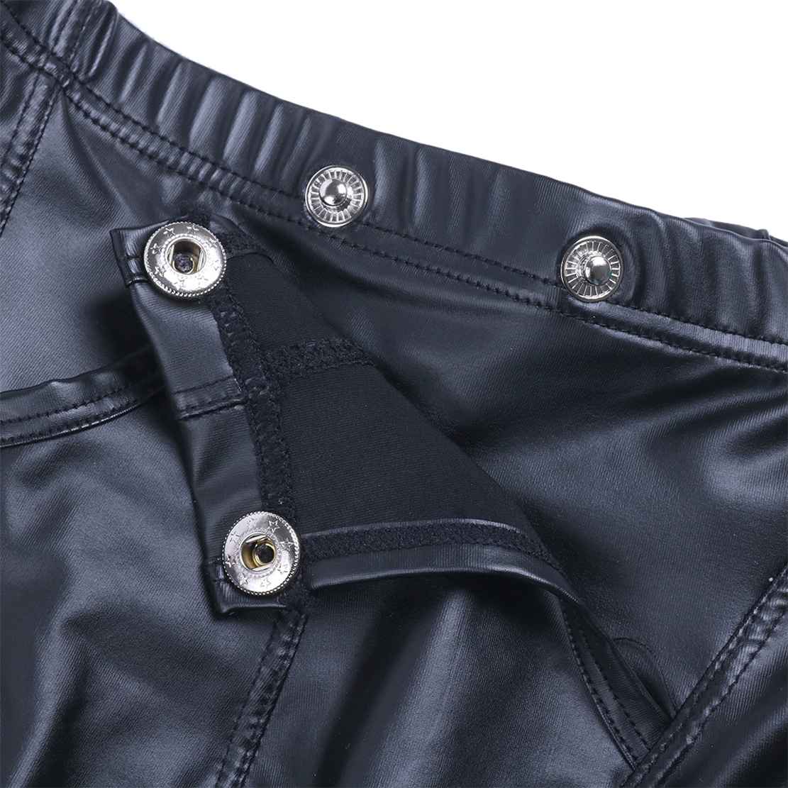 Sexy Herren-Boxershorts aus Kunstleder mit niedriger Taille, Druckknopf mit Ausbuchtungsbeutel, Herren-Dessous-Shorts, schmal geschnittene Unterhose, Unterwäsche
