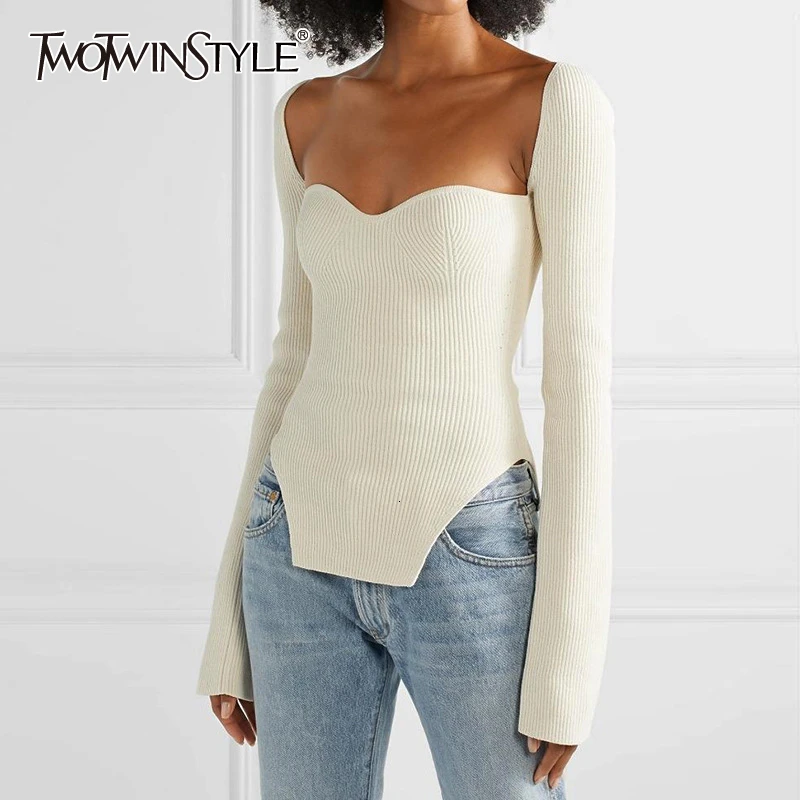 TWOTWINSTYLE, suéter de punto con abertura lateral blanca para mujer, suéteres de manga larga con cuello cuadrado, moda femenina de otoño, Ropa nueva 2022