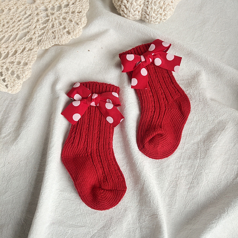 Calcetines hasta la rodilla para niñas, calcetines navideños de algodón con lazo grande rojo, calentadores de piernas de lana Lisa, calcetines suaves para niñas y niños pequeños