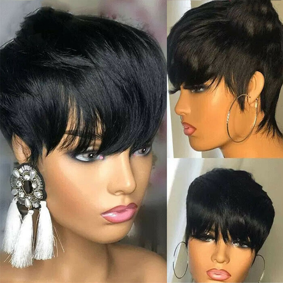 Korte Pixie Cut Pruik Menselijk Haar Voor Vrouwen Machine Gemaakte Pruiken Met Pony Braziliaanse Menselijk Haar Pruiken Goedkope Pixie Cut Wigson Verkoop