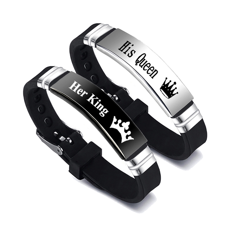 Aço inoxidável ajustável Silicone Strap Bangle, Sua Rainha e Seu Rei Casal Pulseira, Presente Dia dos Namorados, 2 Pçs/set