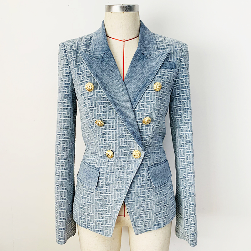 HIGH STREET Neueste 2024 Designer-Jacke für Damen, zweireihig, Löwenknöpfe, Monogramm, Jacquard-Denim-Blazer