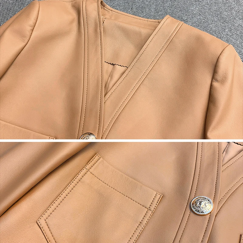 Abrigo corto de cuero genuino para Mujer, chaqueta elegante con cuello en V, hebilla dorada grande, bolsillo informal, Camel/Negro, Otoño/Invierno