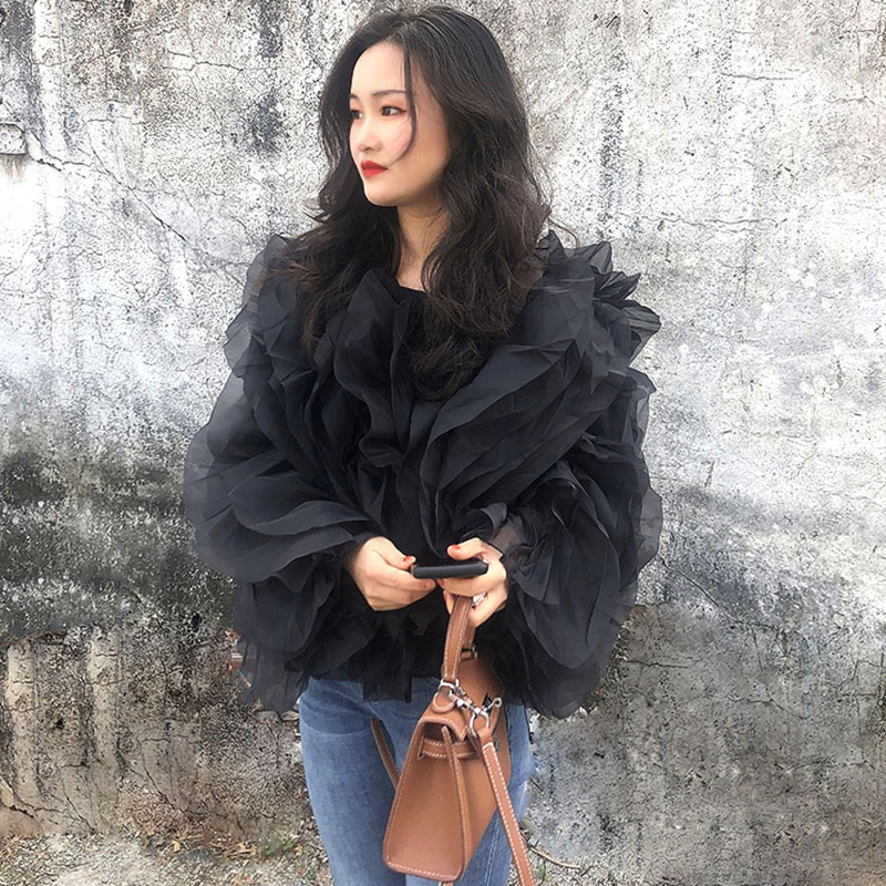 VGH Elegante Patchwork Rüschen Chiffon Blusen Frauen O Neck Laterne Lange Hülse Lose Hemd Weibliche Kleidung Mode Sommer 2022 Neue