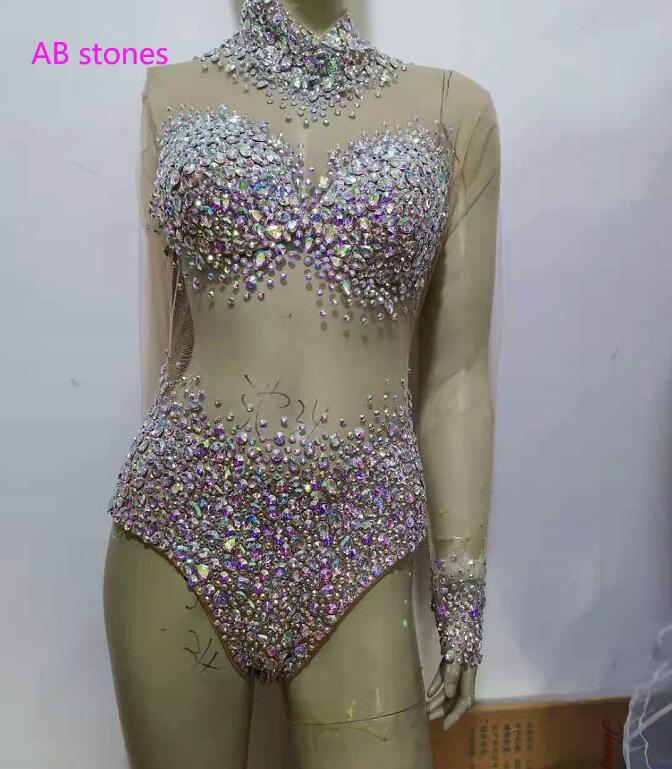 Body Sexy de malla transparente para mujer, traje de fiesta de cumpleaños, mamelucos de diamantes de imitación, traje de baile de equipo de cantante, rosa, blanco, azul