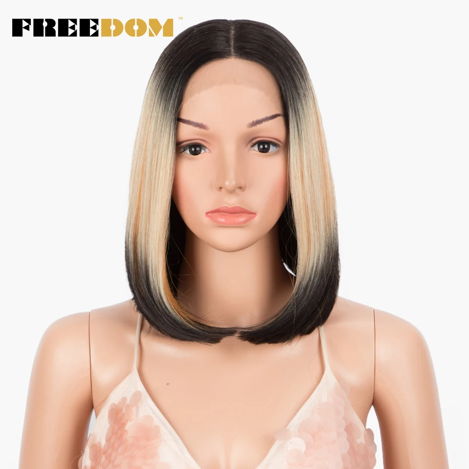 FREEDOM ตรงวิกผมลูกไม้สังเคราะห์สั้น Bob Ombre สีฟ้าที่มีสีสันวิกผมผู้หญิงสีดําคอสเพลย์วิกผมกลางวิกผมลูกไม้