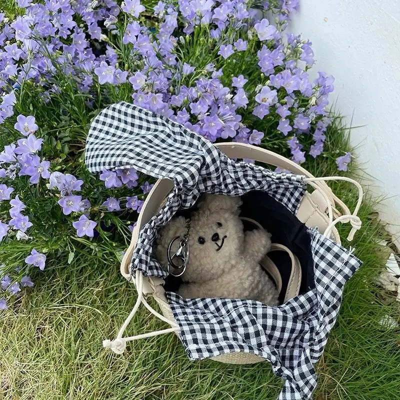 Geweven Tassen Vrouwen Boog Plaid String Cross-body Single-schouder Zomer Retro Stijlvolle Top-handvat Stro Emmer tas Ulzzang Picknick Ins