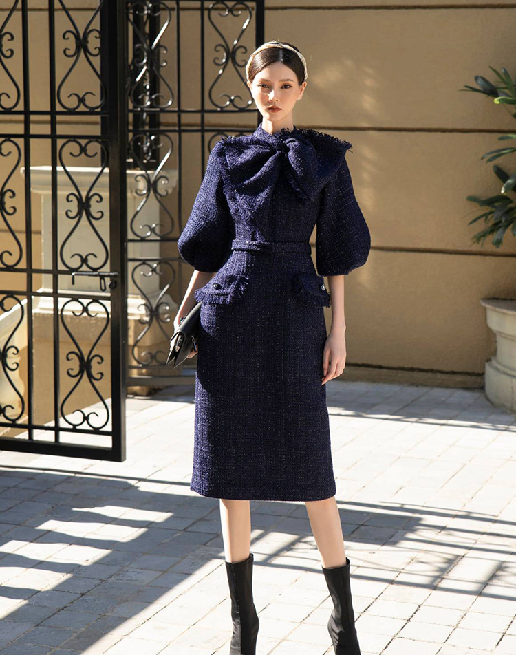 Tailor shop-vestido semiformal de tweed para mujer, manga grande puffle, ligero, de lujo, azul marino, vestido brillante de princesa para Otoño e Invierno