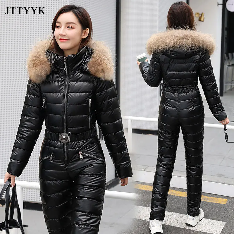 Traje de esquí de una pieza para mujer, chaquetas de invierno, Parka con capucha, mono de algodón para mujer, monos con fajas, monos con cremallera, chándales
