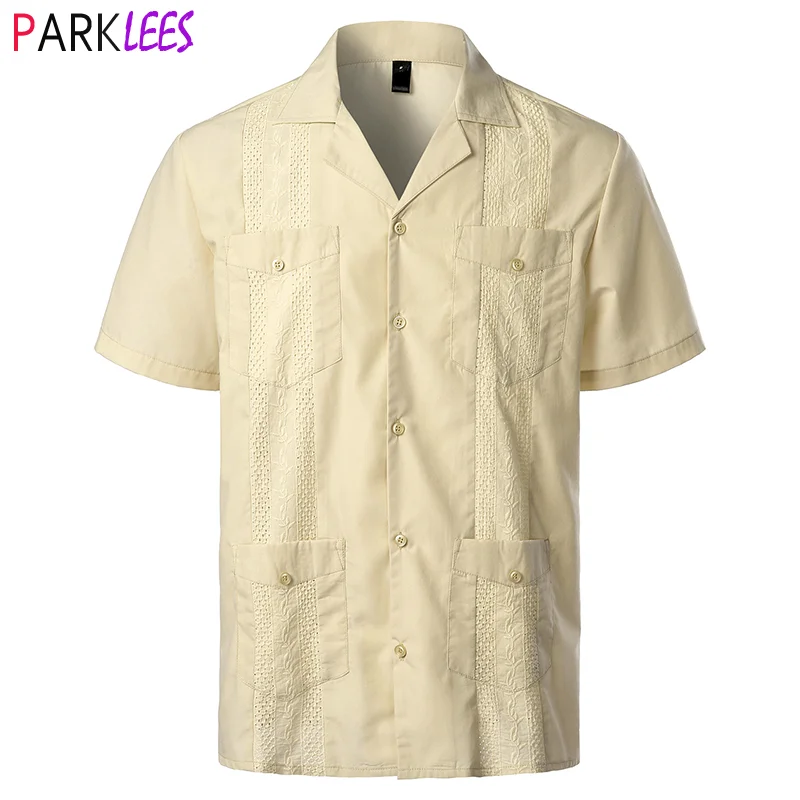 Camisa tradicional cubana con cuello de campamento para hombre, camisa de playa de estilo caribeño mexicano bordado de manga corta con 4 bolsillos