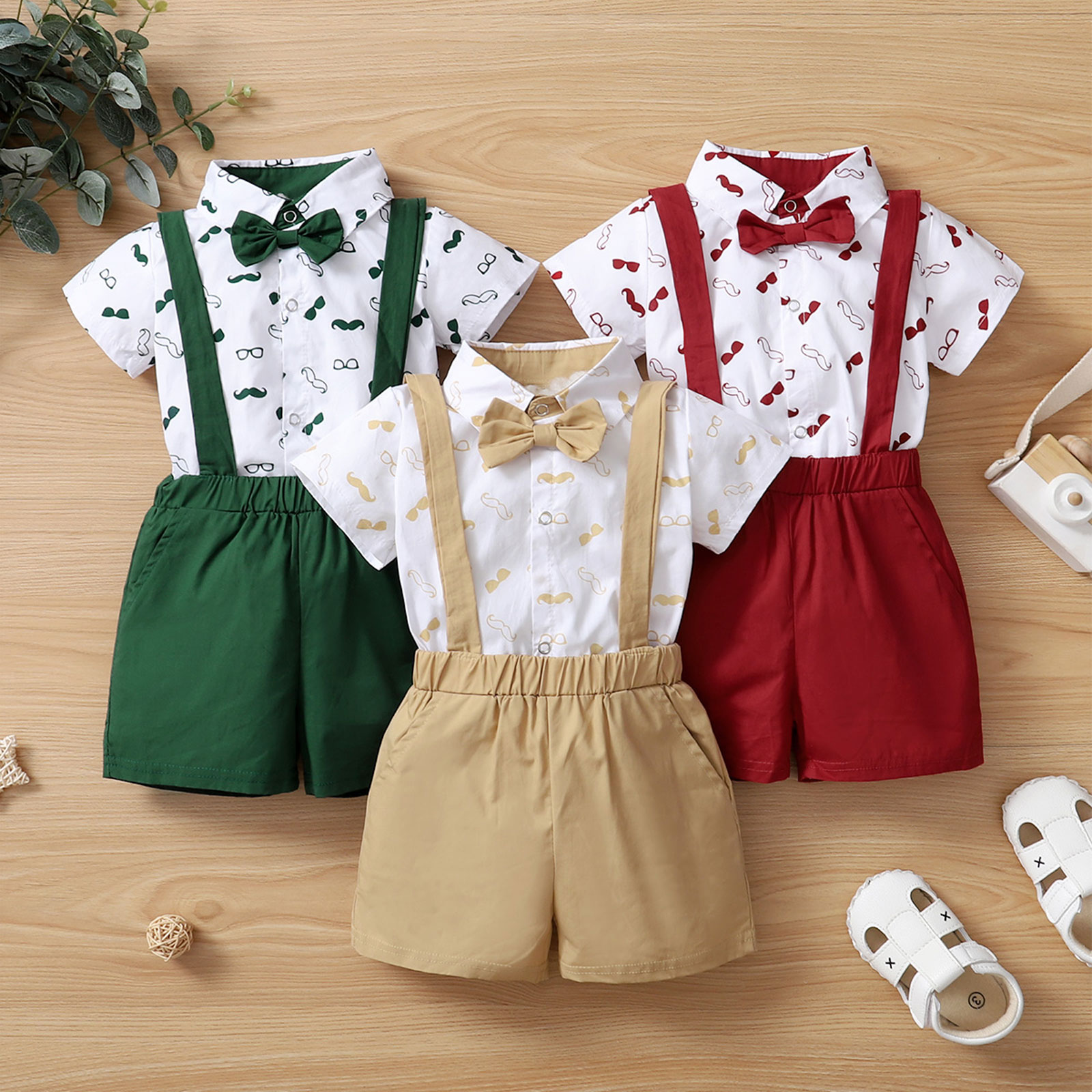 Bé Bé Trai Bộ Quần Áo, Râu In Nữ Tay Ngắn Có Cổ Áo Cổ + Đồng Màu Suspender Quần Short