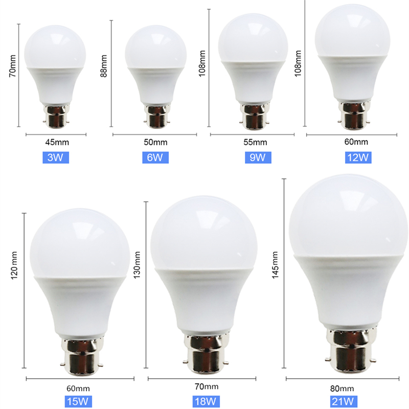 B22 LED 전구 라이트 총검 램프 Lampada 3W 6W 9W 12W 15W 18W 21W 차가운 흰색 따뜻한 흰색 Bombilla AC 110V 220V 230V 에너지 절약