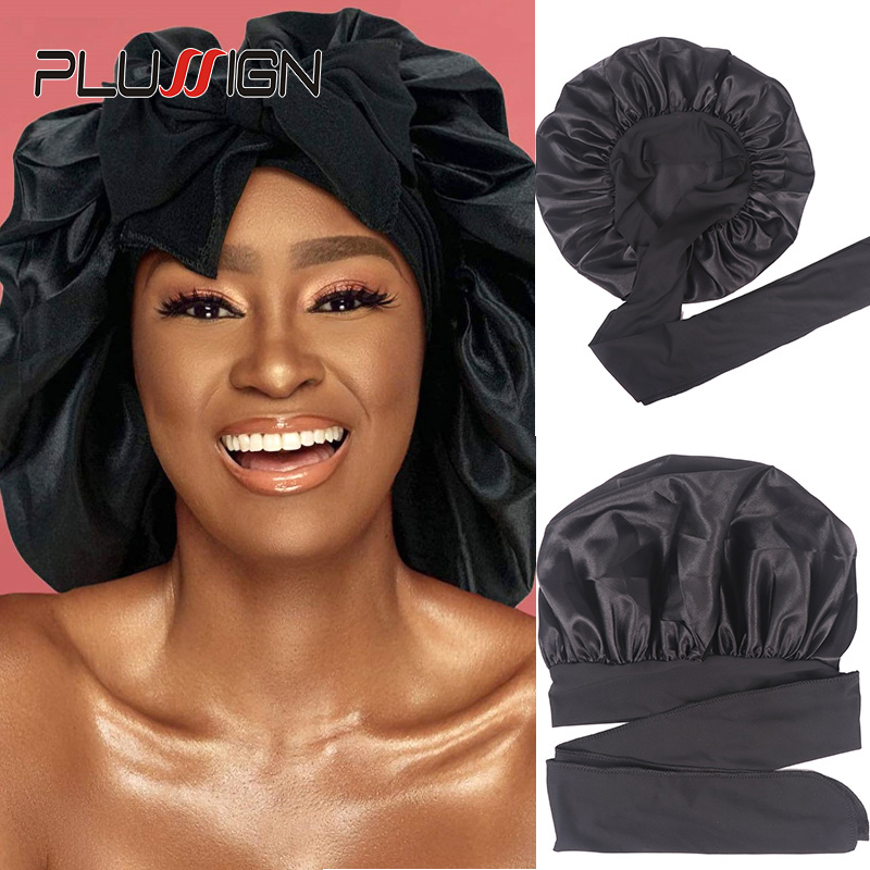 Bonnet de cetim com linha de gravata para mulheres, boné de sono noturno, turbante de chuveiro, unisex, cuidados com os cabelos, preto, rosa, novo